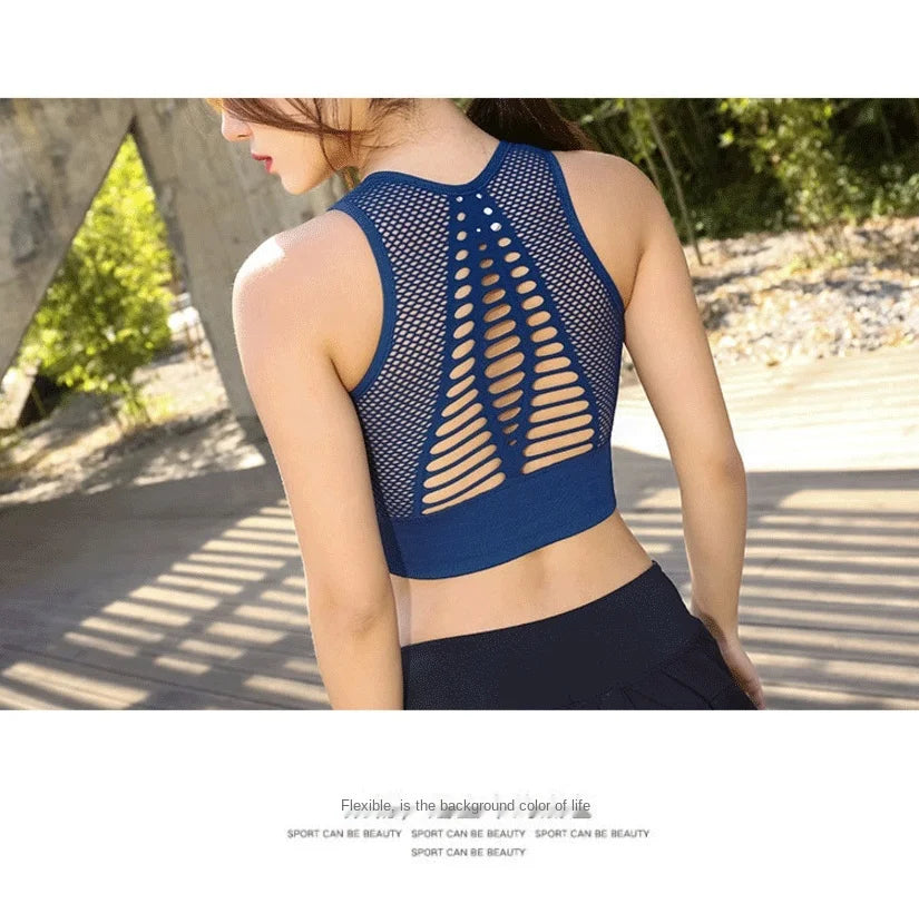 Women's Medium Mesh Support Cross Back Wirefree Removable Cups Sport Bra Tops Freedom Seamless Yoga Gym Running Sports Bras New