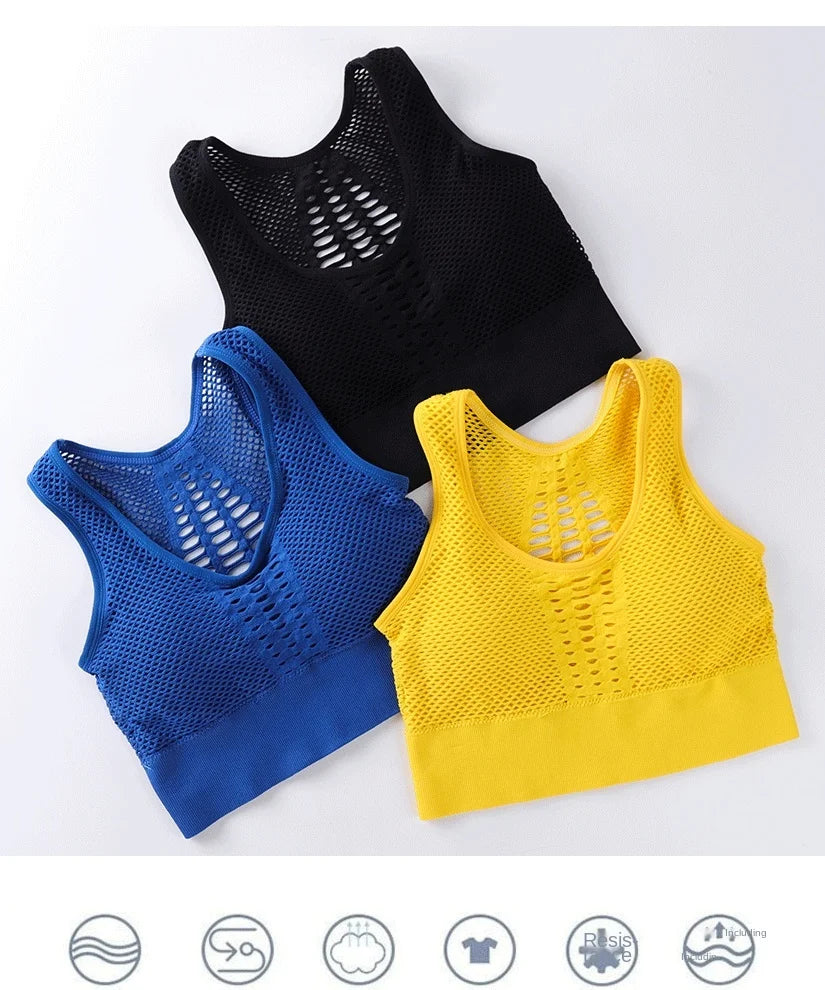 Women's Medium Mesh Support Cross Back Wirefree Removable Cups Sport Bra Tops Freedom Seamless Yoga Gym Running Sports Bras New