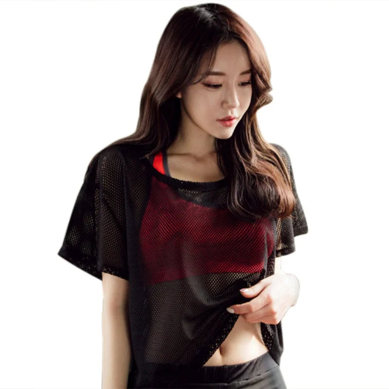 Hot Women Fitness Yoga Blouse Mesh Bottoming Shirt Outdoor Riding Running Quick-Drying Sports Top T-shirt