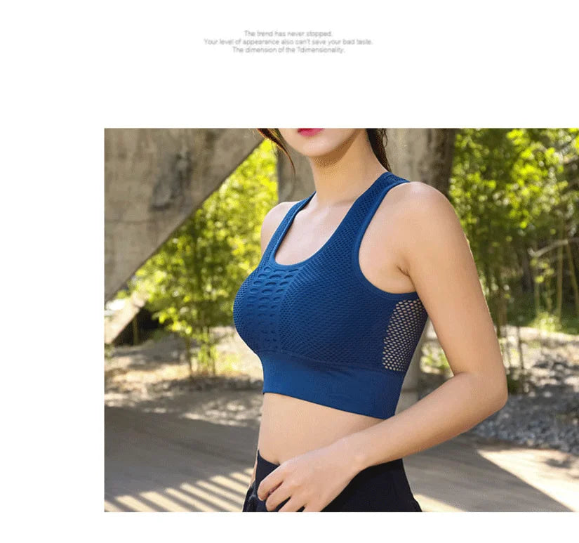Women's Medium Mesh Support Cross Back Wirefree Removable Cups Sport Bra Tops Freedom Seamless Yoga Gym Running Sports Bras New