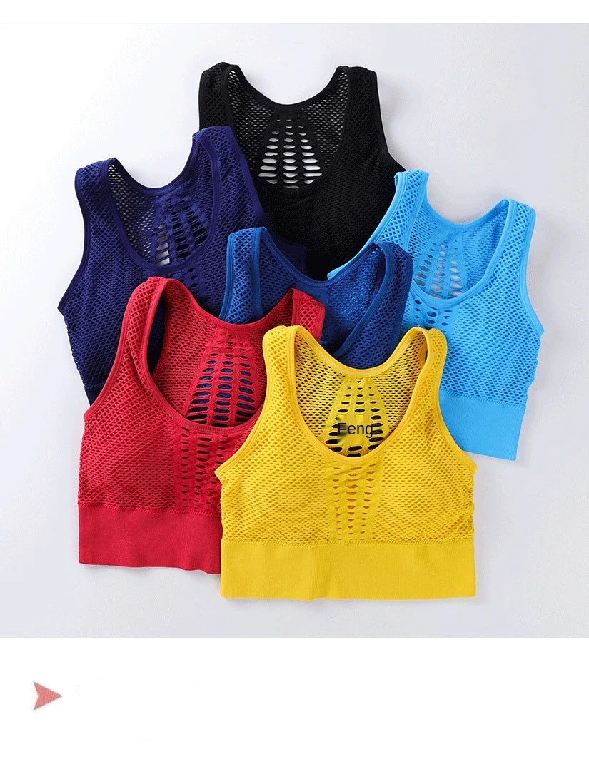 Women's Medium Mesh Support Cross Back Wirefree Removable Cups Sport Bra Tops Freedom Seamless Yoga Gym Running Sports Bras New