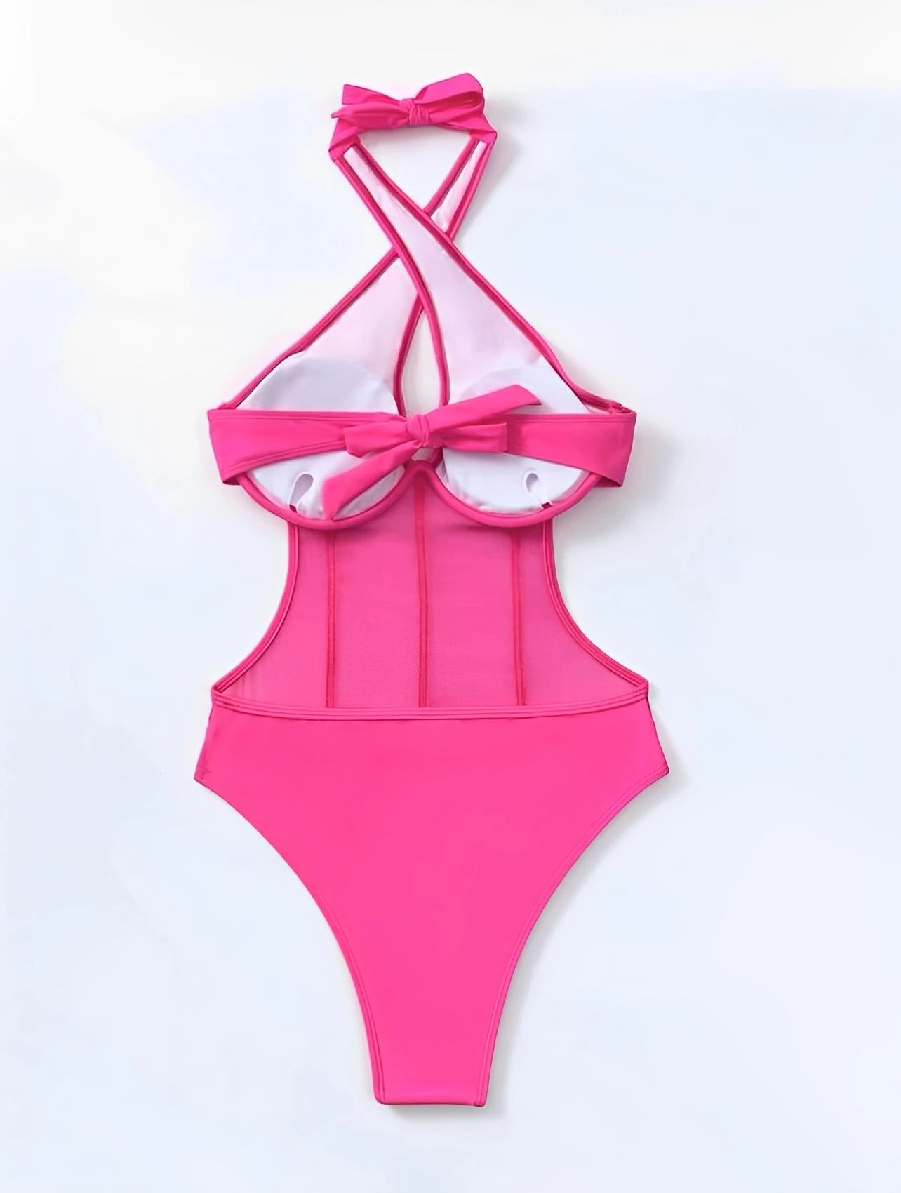 2025 Contrast Mesh Cut Out Halter Swimsuit One Piece Solid Swimwear Women Push Up Bathing Swimming Swim Suit Female Beach Wear