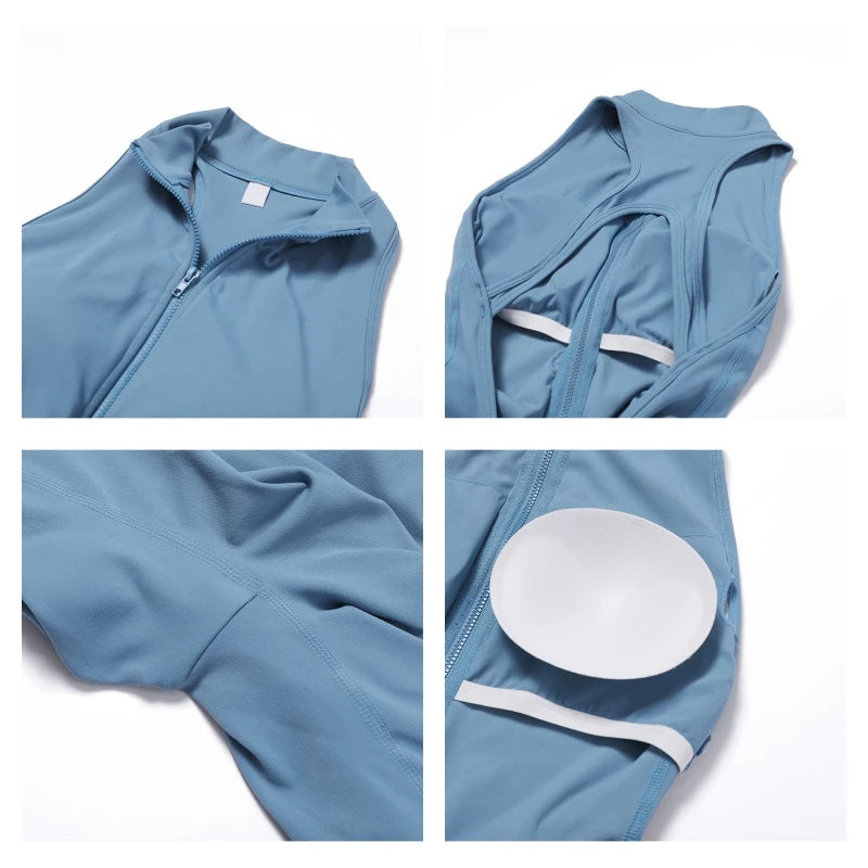 V Back One-piece Suit Women Sports Jumpsuit Zippers Yoga Rompers Backless Sportswear Women Sleeveles Workout Bodysuits Female