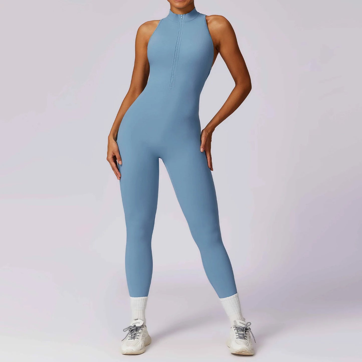 V Back One-piece Suit Women Sports Jumpsuit Zippers Yoga Rompers Backless Sportswear Women Sleeveles Workout Bodysuits Female