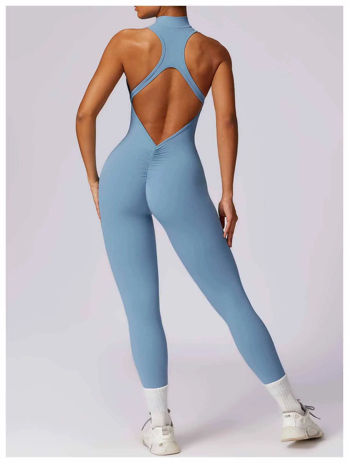V Back One-piece Suit Women Sports Jumpsuit Zippers Yoga Rompers Backless Sportswear Women Sleeveles Workout Bodysuits Female