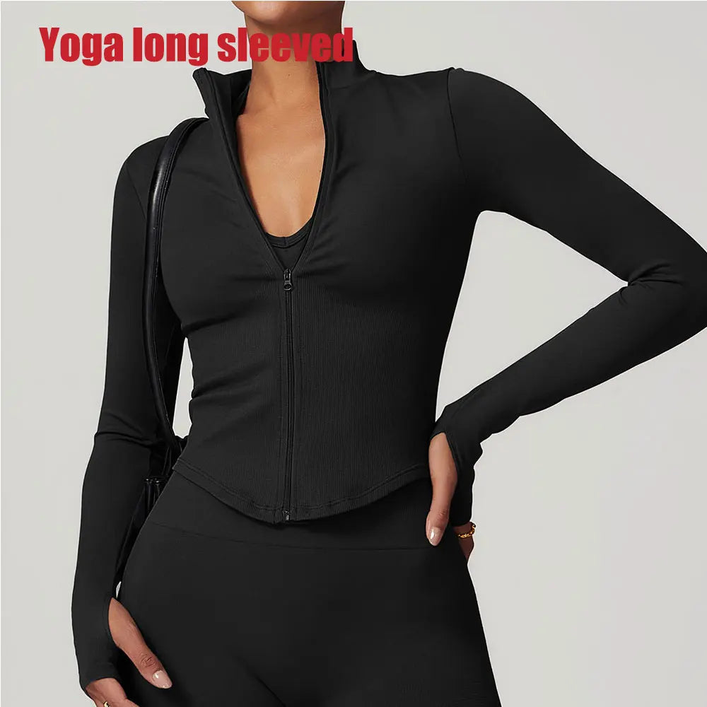 Zipper Women Crop Tops Yoga T-shirts Solid Sports Top Long Sleeve Running Shirts Sexy Quick Dry Fitness Jacket Gym Sport Wear