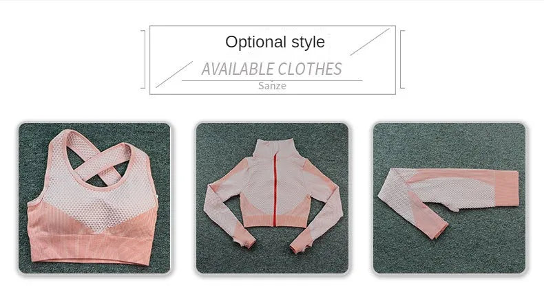 Seamless Zipper Striped Fitness Suit Women's Fall and Winter Sports Pants Long Sleeve Bra Three-piece Yoga Suit