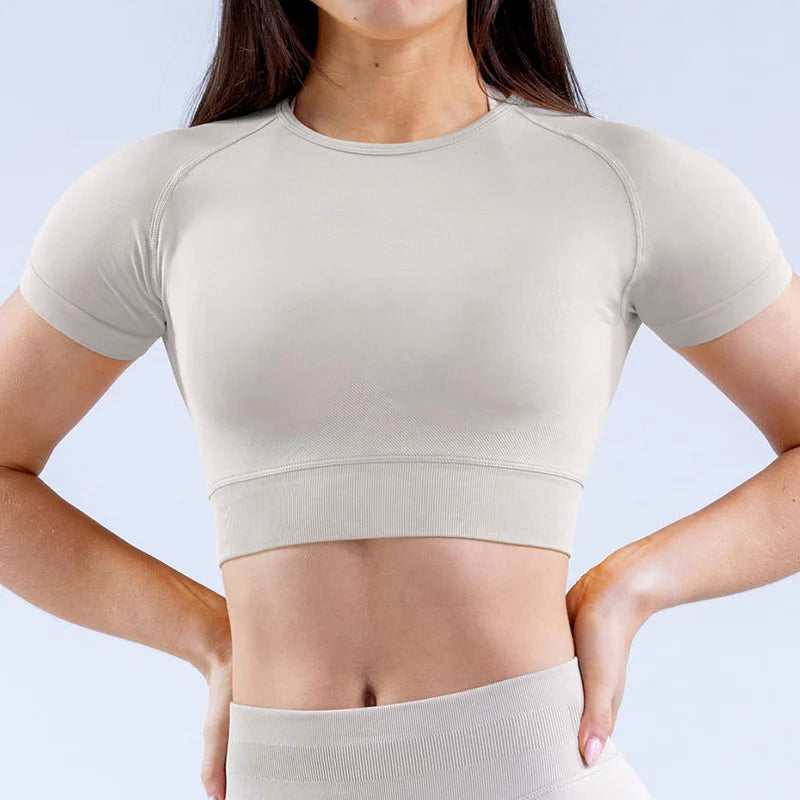 Ribbed Sports T Shirts Fitness Workout Tee Sports Tops Activewear Impact Gym Crop Top for Women Short Sleeve Seamless Yoga Top