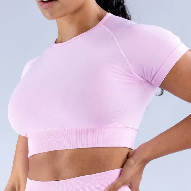 Ribbed Sports T Shirts Fitness Workout Tee Sports Tops Activewear Impact Gym Crop Top for Women Short Sleeve Seamless Yoga Top