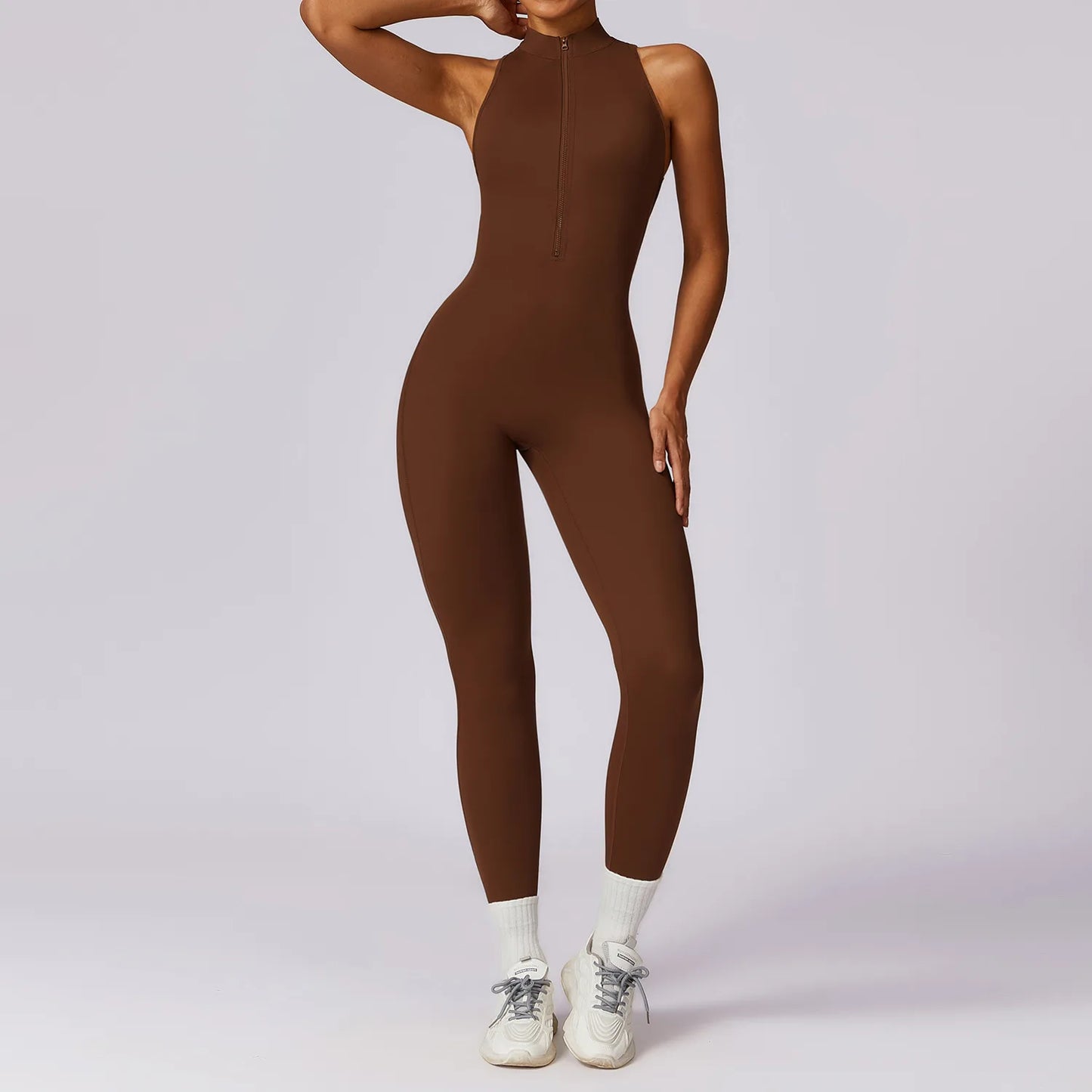 V Back One-piece Suit Women Sports Jumpsuit Zippers Yoga Rompers Backless Sportswear Women Sleeveles Workout Bodysuits Female