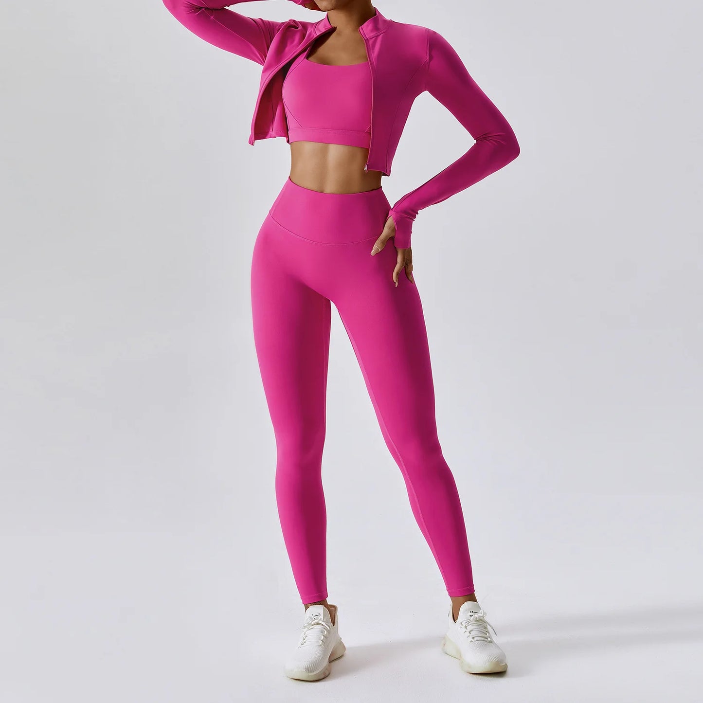 3 Pieces Women Tracksuit Yoga Set Workout Sportswear Gym Clothing Fitness Long Sleeve Crop Top High Waist Leggings Sports Suits