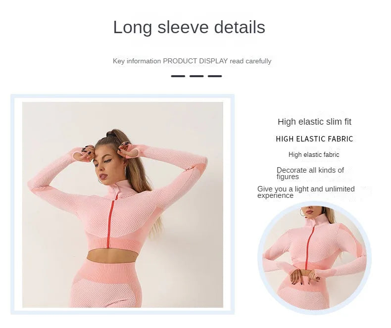 Seamless Zipper Striped Fitness Suit Women's Fall and Winter Sports Pants Long Sleeve Bra Three-piece Yoga Suit