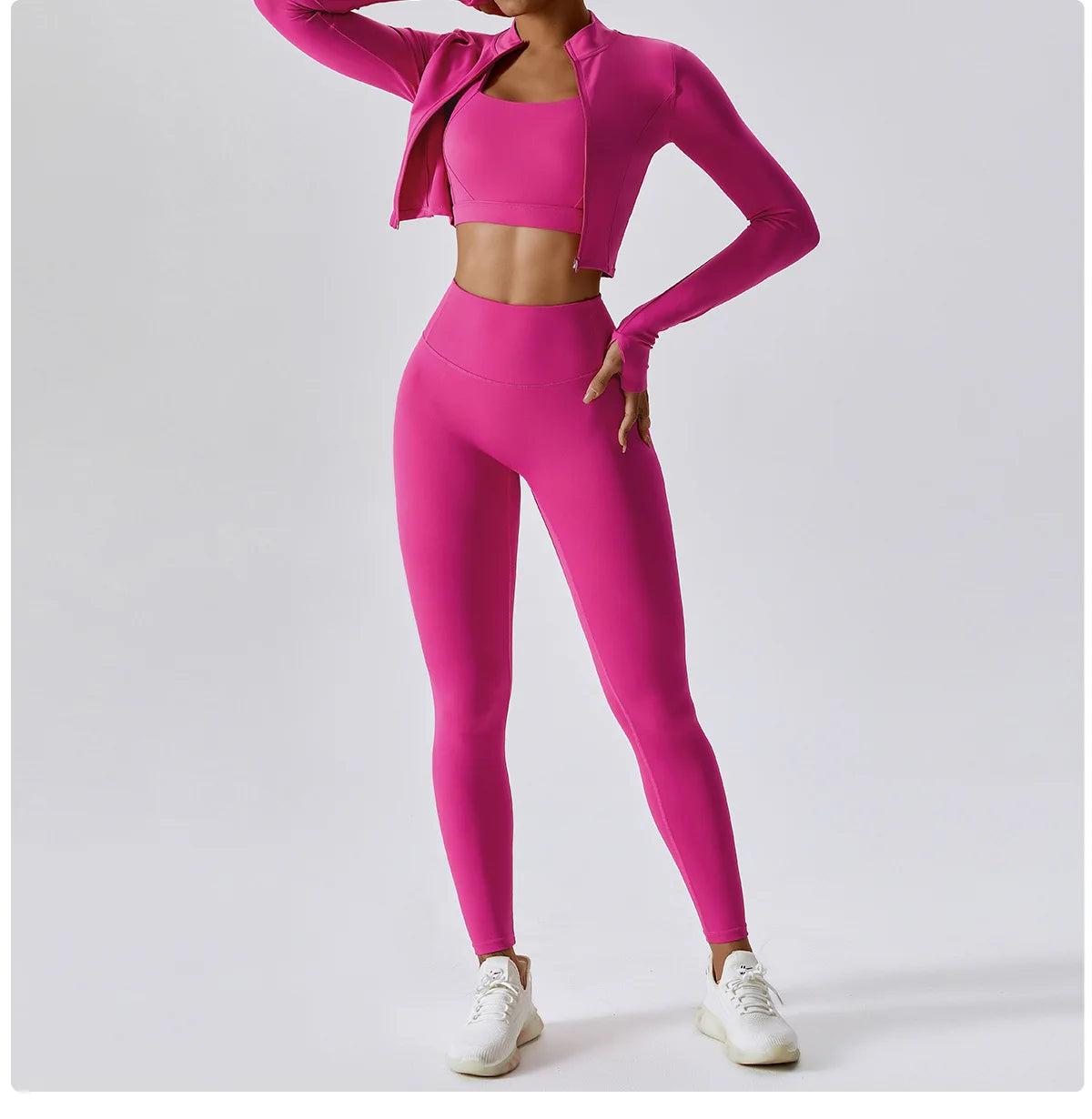 3 Pieces Women Tracksuit Yoga Set Workout Sportswear Gym Clothing Fitness Long Sleeve Crop Top High Waist Leggings Sports Suits