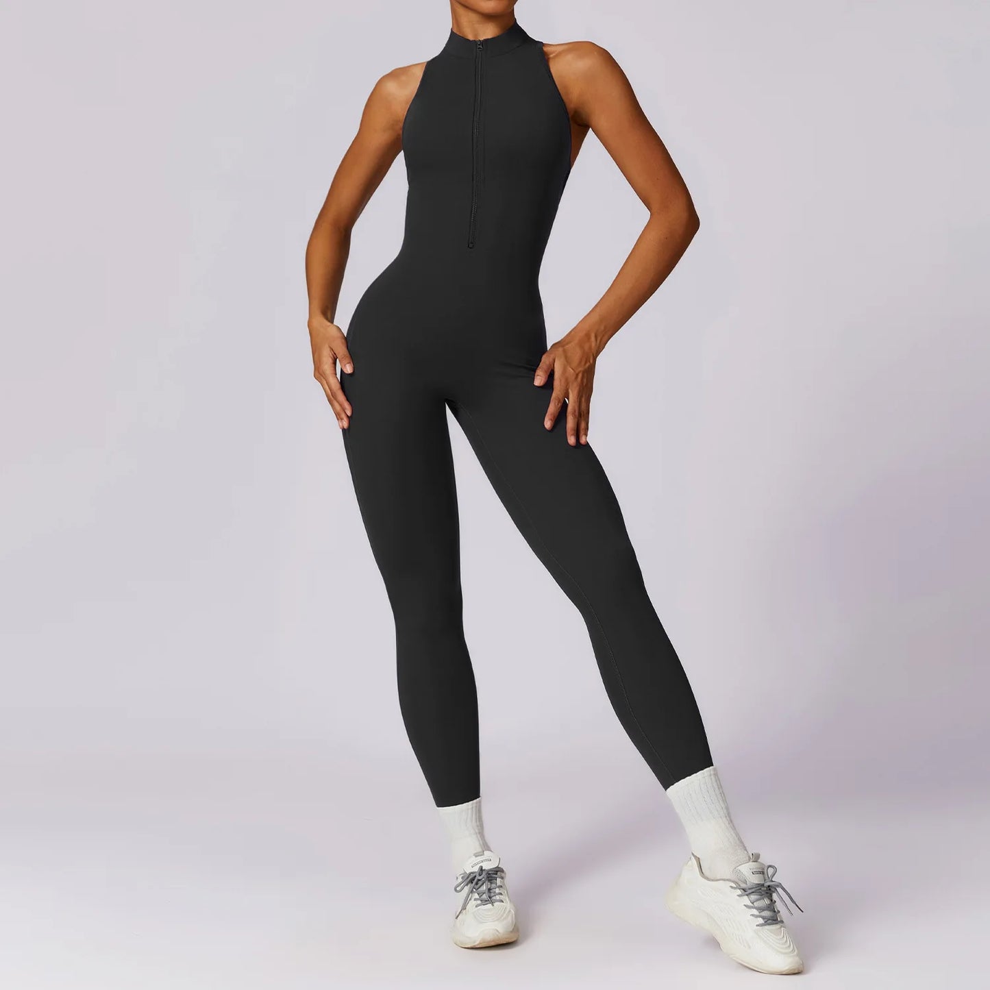 V Back One-piece Suit Women Sports Jumpsuit Zippers Yoga Rompers Backless Sportswear Women Sleeveles Workout Bodysuits Female
