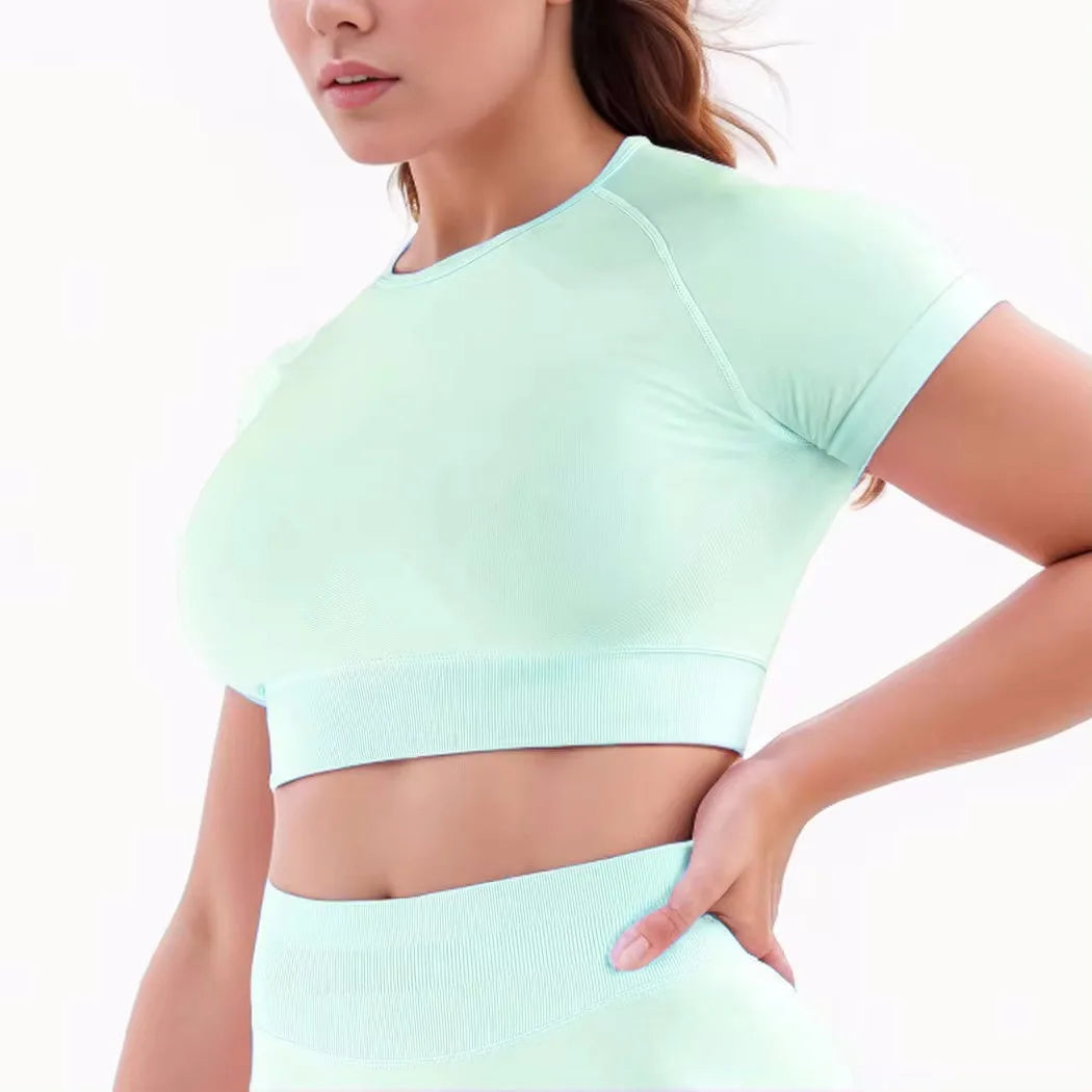 Ribbed Sports T Shirts Fitness Workout Tee Sports Tops Activewear Impact Gym Crop Top for Women Short Sleeve Seamless Yoga Top