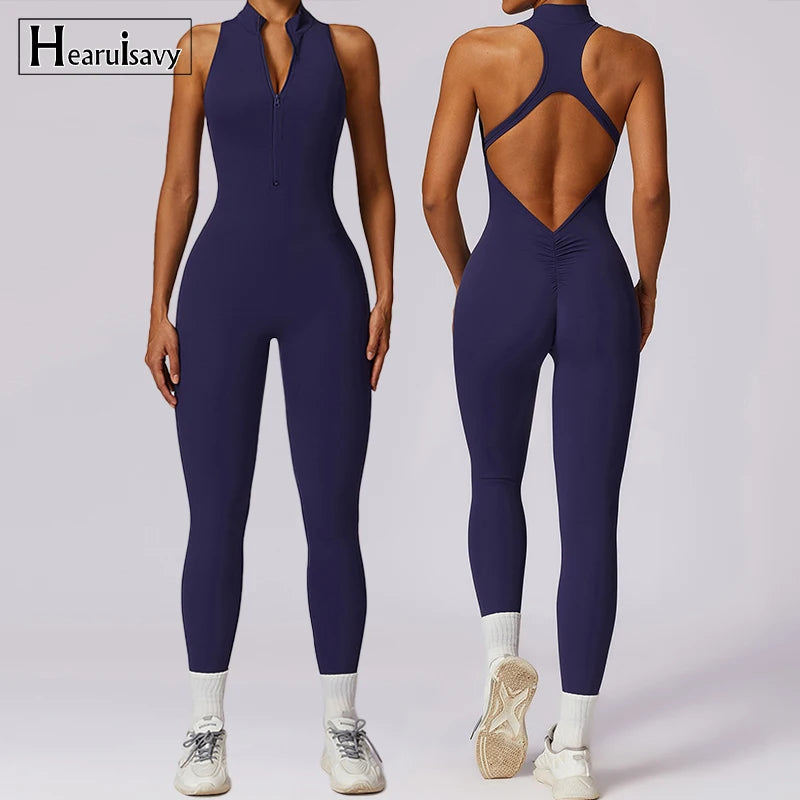 V Back One-piece Suit Women Sports Jumpsuit Zippers Yoga Rompers Backless Sportswear Women Sleeveles Workout Bodysuits Female