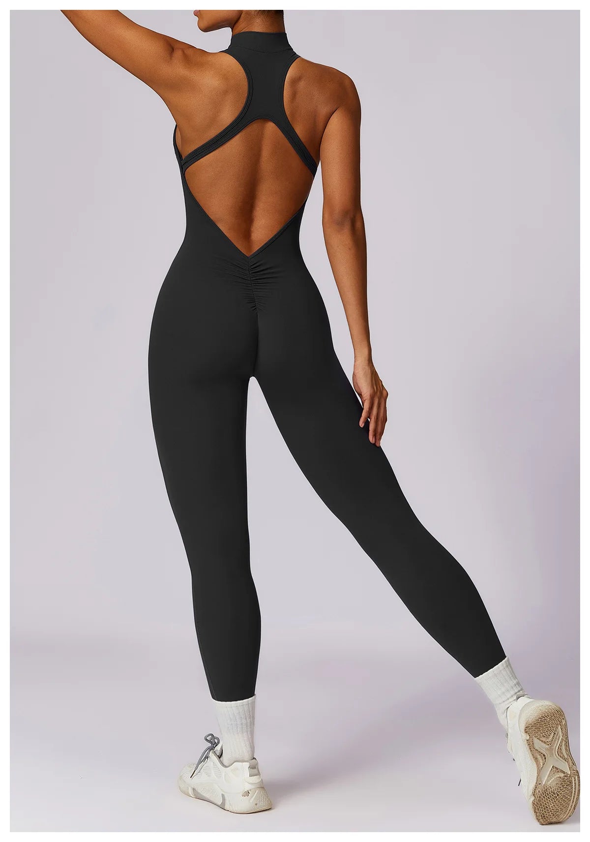 V Back One-piece Suit Women Sports Jumpsuit Zippers Yoga Rompers Backless Sportswear Women Sleeveles Workout Bodysuits Female