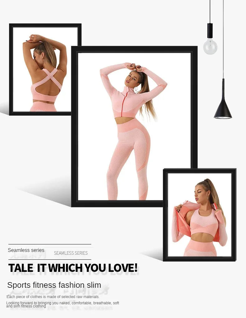 Seamless Zipper Striped Fitness Suit Women's Fall and Winter Sports Pants Long Sleeve Bra Three-piece Yoga Suit