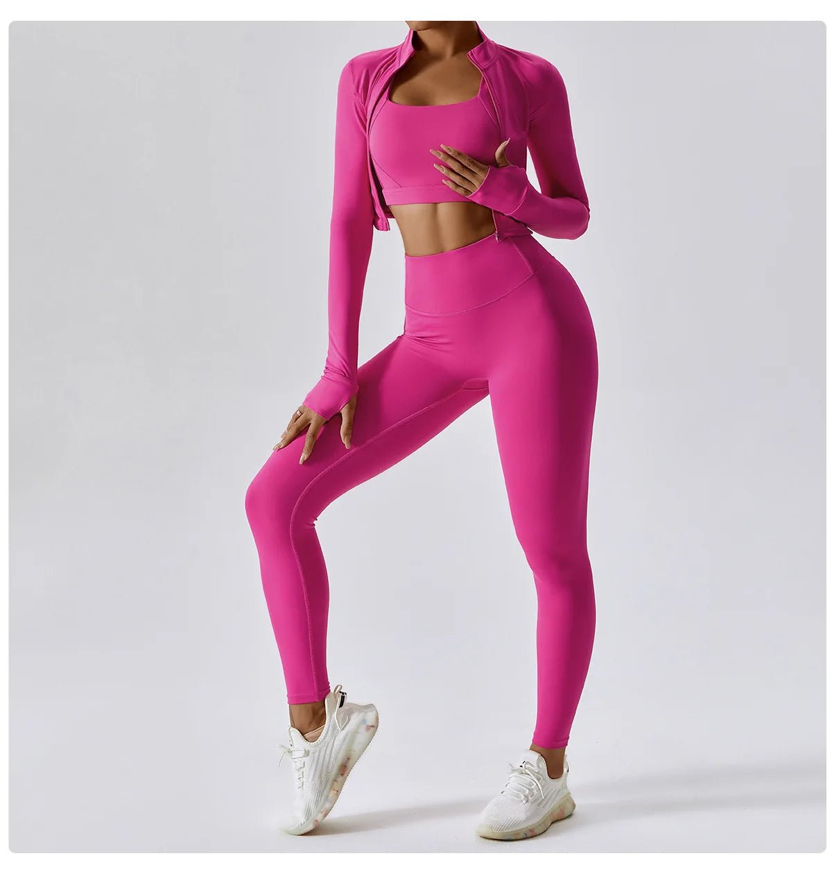 3 Pieces Women Tracksuit Yoga Set Workout Sportswear Gym Clothing Fitness Long Sleeve Crop Top High Waist Leggings Sports Suits