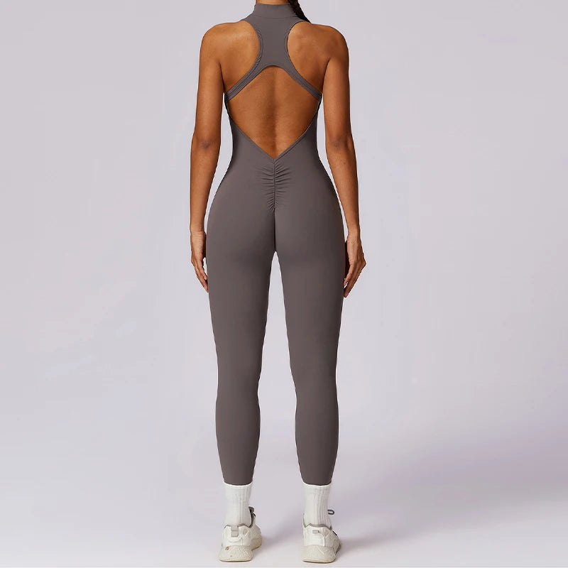 V Back One-piece Suit Women Sports Jumpsuit Zippers Yoga Rompers Backless Sportswear Women Sleeveles Workout Bodysuits Female