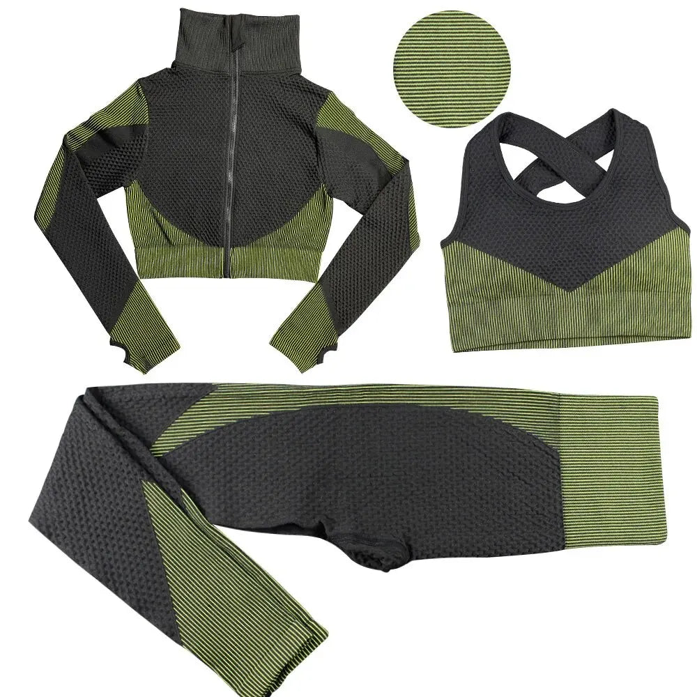 Seamless Zipper Striped Fitness Suit Women's Fall and Winter Sports Pants Long Sleeve Bra Three-piece Yoga Suit