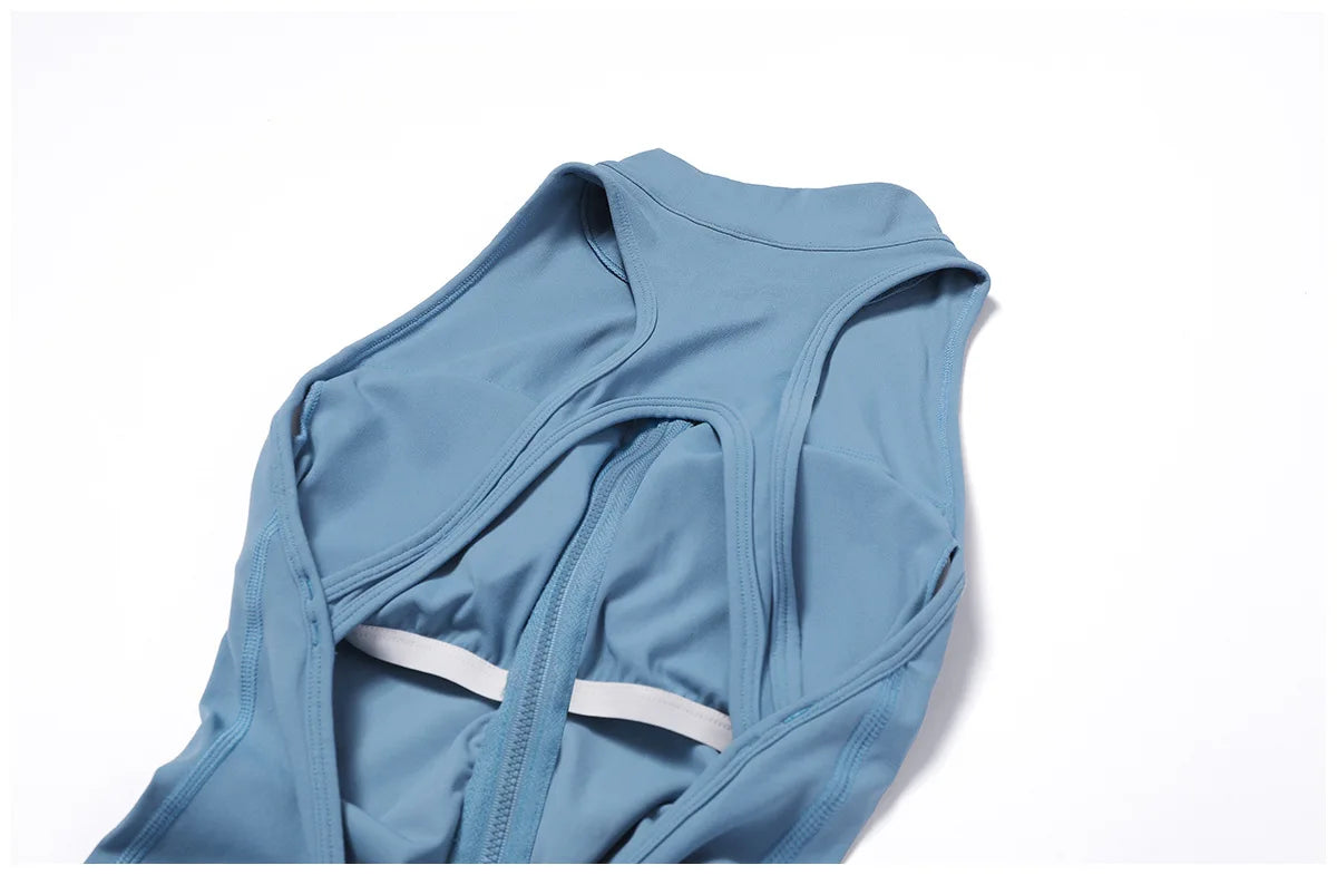 V Back One-piece Suit Women Sports Jumpsuit Zippers Yoga Rompers Backless Sportswear Women Sleeveles Workout Bodysuits Female