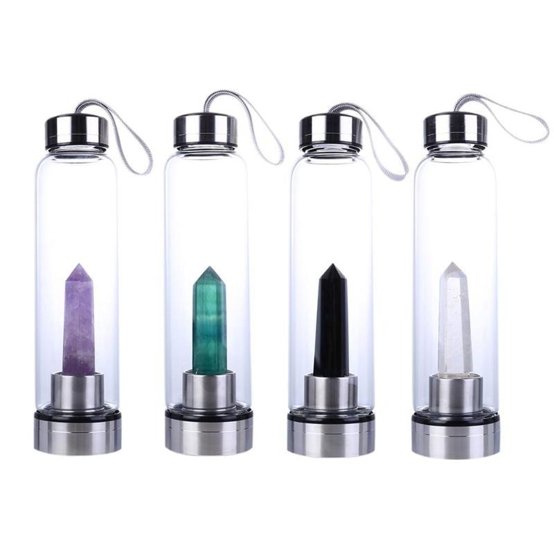 Natural Elixir Quartz Drink Water Bottle Crystal Point Wand Genstone Obelisk Healing Energy Stone Glass Drinking Bottles Gift