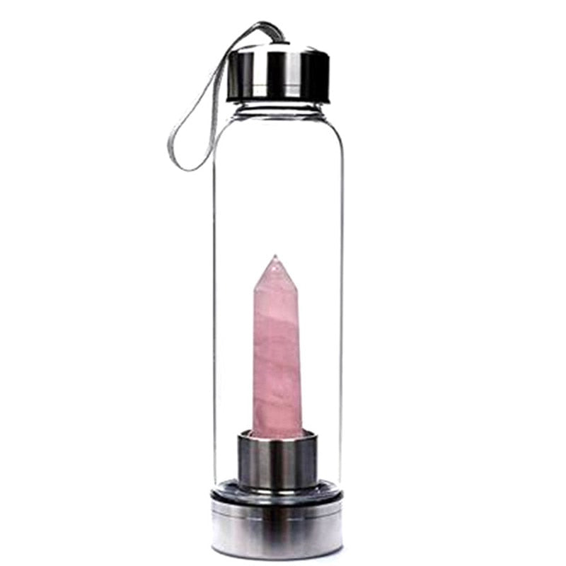 Natural Elixir Quartz Drink Water Bottle Crystal Point Wand Genstone Obelisk Healing Energy Stone Glass Drinking Bottles Gift