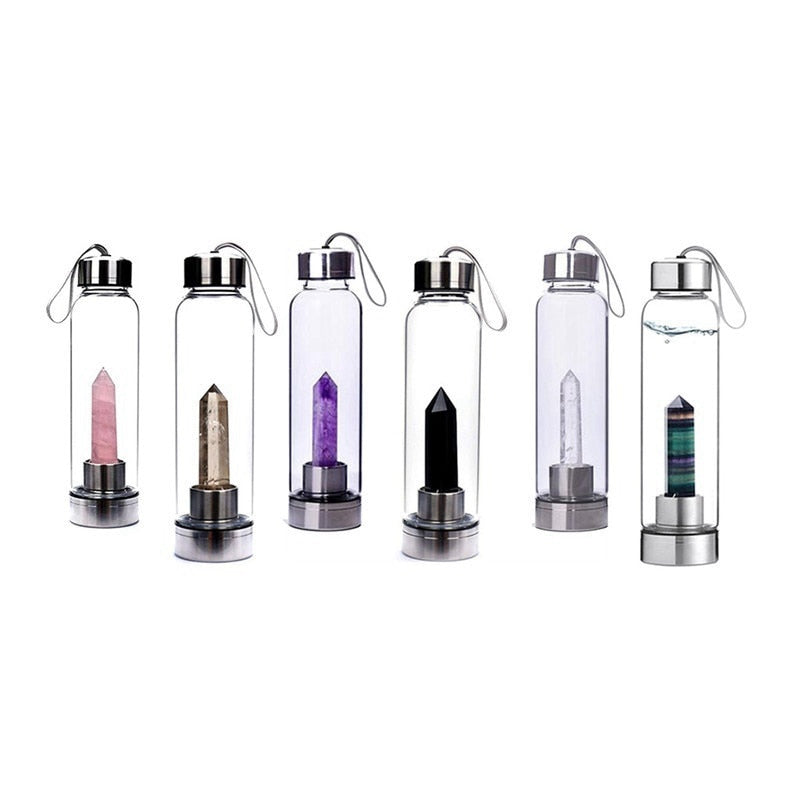 Natural Elixir Quartz Drink Water Bottle Crystal Point Wand Genstone Obelisk Healing Energy Stone Glass Drinking Bottles Gift