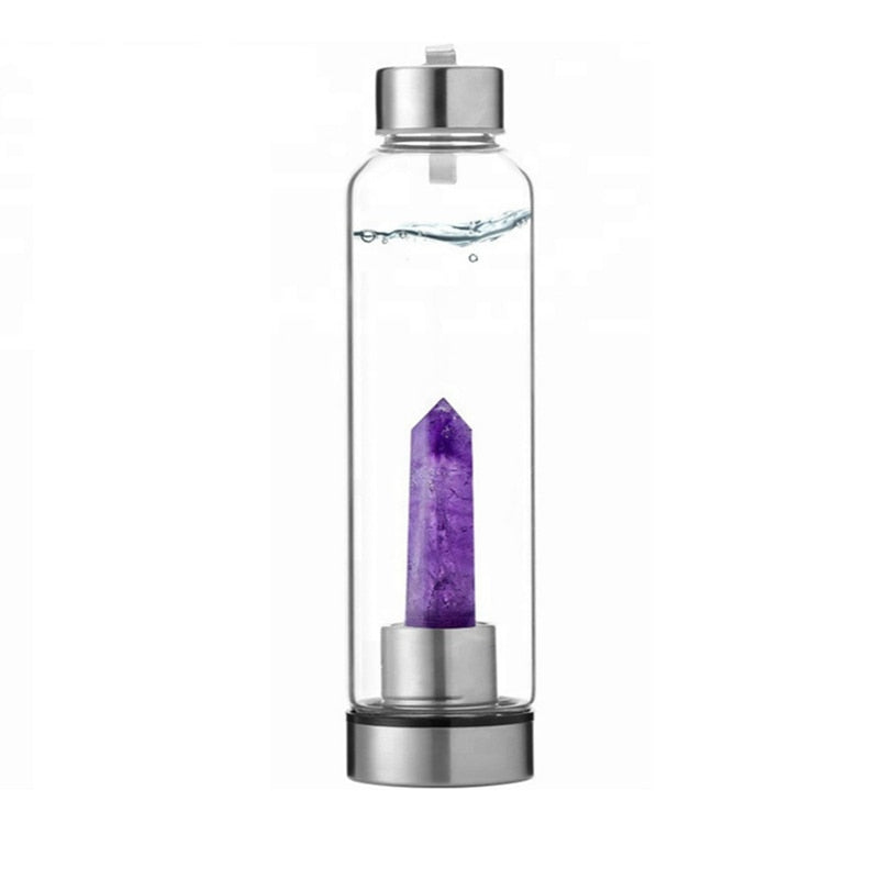 Natural Elixir Quartz Drink Water Bottle Crystal Point Wand Genstone Obelisk Healing Energy Stone Glass Drinking Bottles Gift