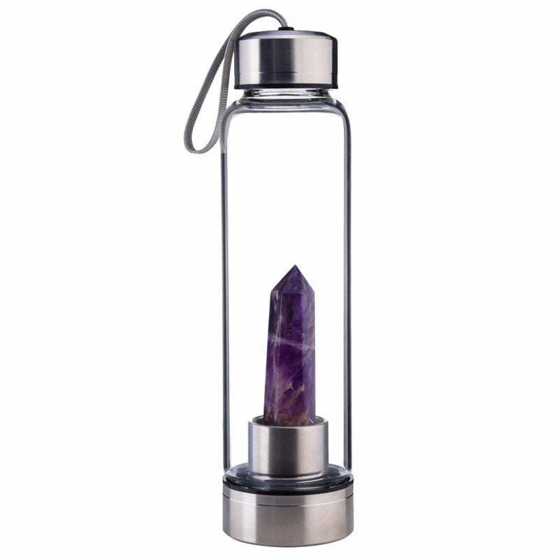 Natural Elixir Quartz Drink Water Bottle Crystal Point Wand Genstone Obelisk Healing Energy Stone Glass Drinking Bottles Gift