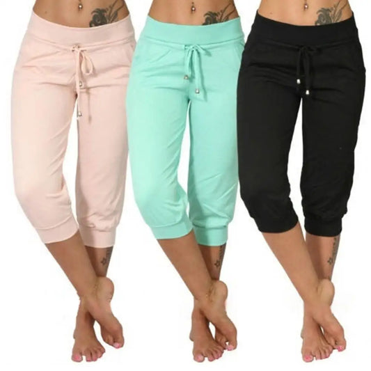 Plus Size Women Casual Capris Yoga Pants Solid Color Low Rise Drawstring Pockets Sports Fitness Gym Shorts Pants