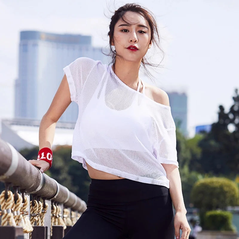 Hot Women  Fitness Yoga Blouse Mesh Bottoming Shirt Outdoor Riding Running Quick-Drying Sports Top T-shirt