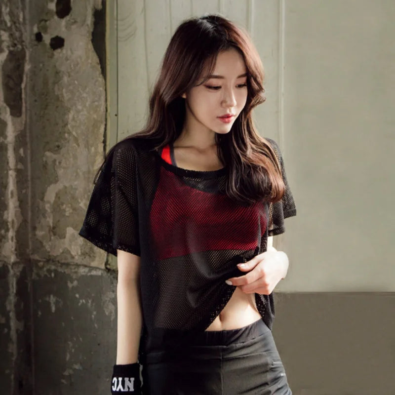 Hot Women  Fitness Yoga Blouse Mesh Bottoming Shirt Outdoor Riding Running Quick-Drying Sports Top T-shirt
