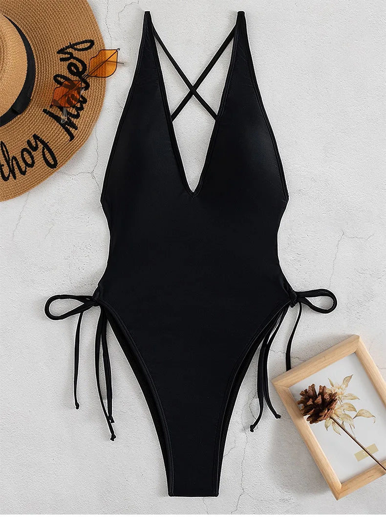 Fashion Solid Deep V Neck One Piece Swimsuit Women Yellow White Hollow Out Pleate Swimwear Beach Bandage Bathing Suit Monokini