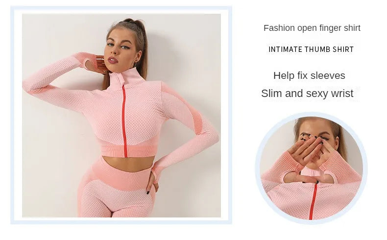 Seamless Zipper Striped Fitness Suit Women's Fall and Winter Sports Pants Long Sleeve Bra Three-piece Yoga Suit