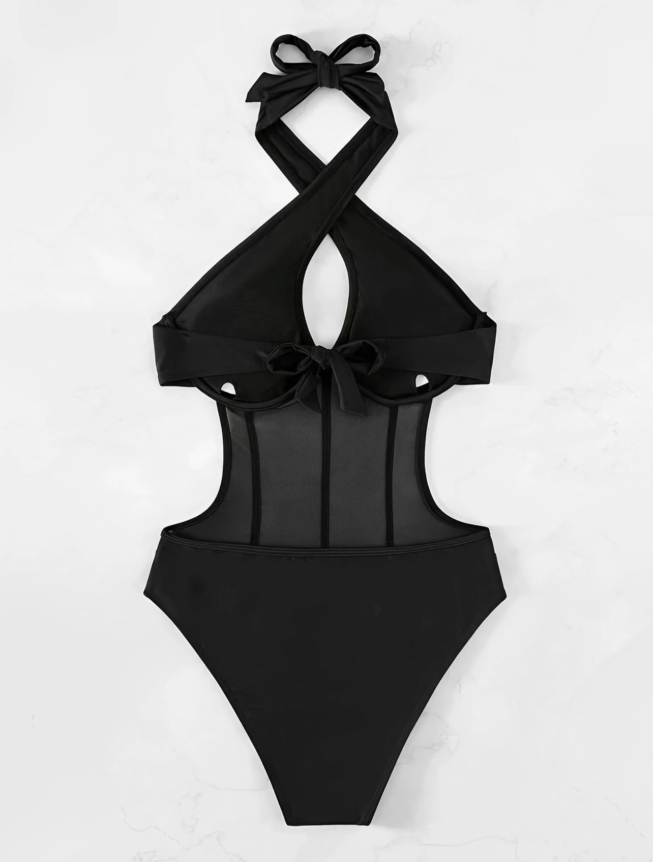 2025 Contrast Mesh Cut Out Halter Swimsuit One Piece Solid Swimwear Women Push Up Bathing Swimming Swim Suit Female Beach Wear