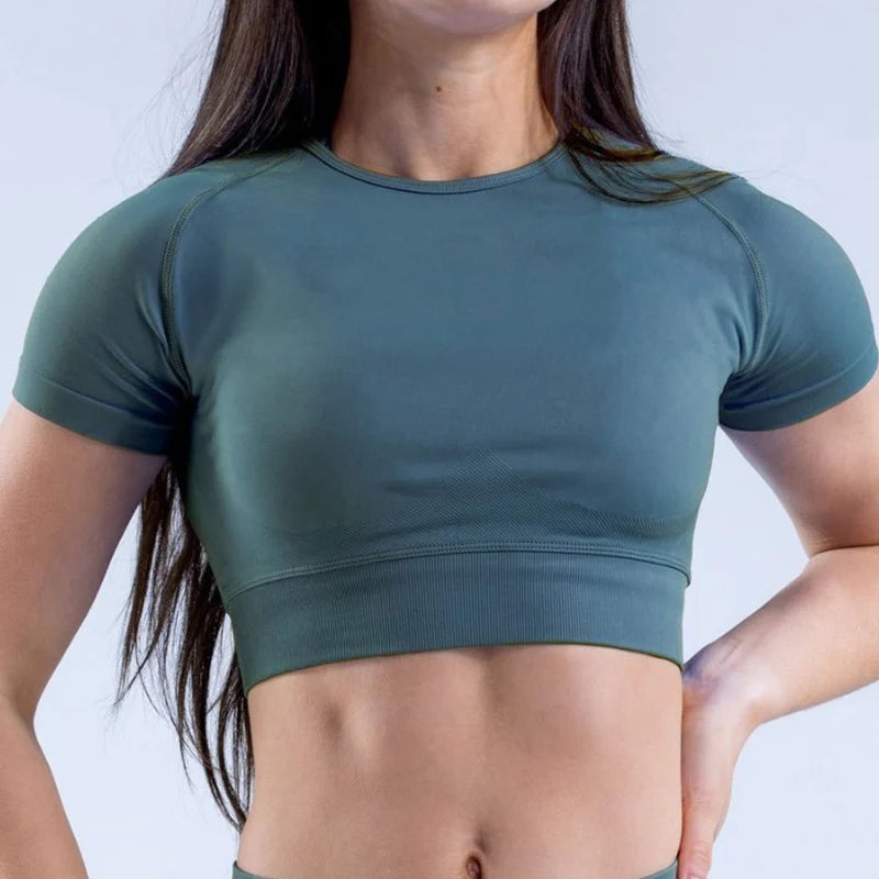Ribbed Sports T Shirts Fitness Workout Tee Sports Tops Activewear Impact Gym Crop Top for Women Short Sleeve Seamless Yoga Top