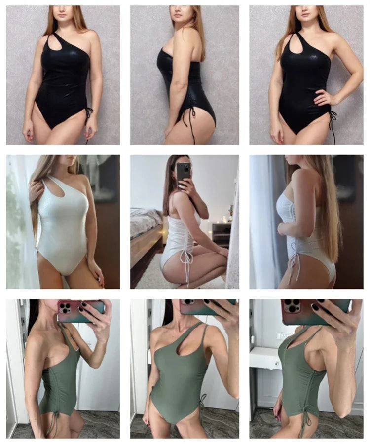 Fashion Solid Deep V Neck One Piece Swimsuit Women Yellow White Hollow Out Pleate Swimwear Beach Bandage Bathing Suit Monokini