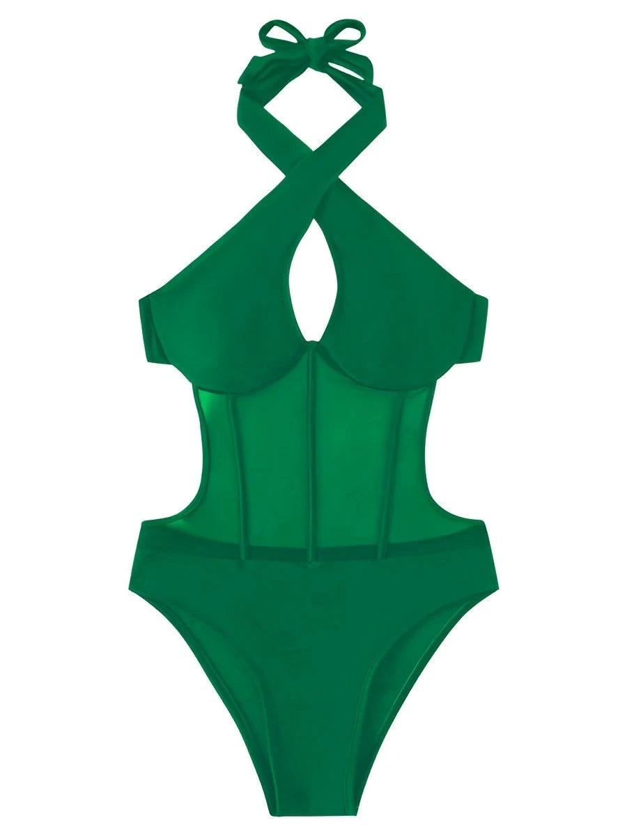 2025 Contrast Mesh Cut Out Halter Swimsuit One Piece Solid Swimwear Women Push Up Bathing Swimming Swim Suit Female Beach Wear