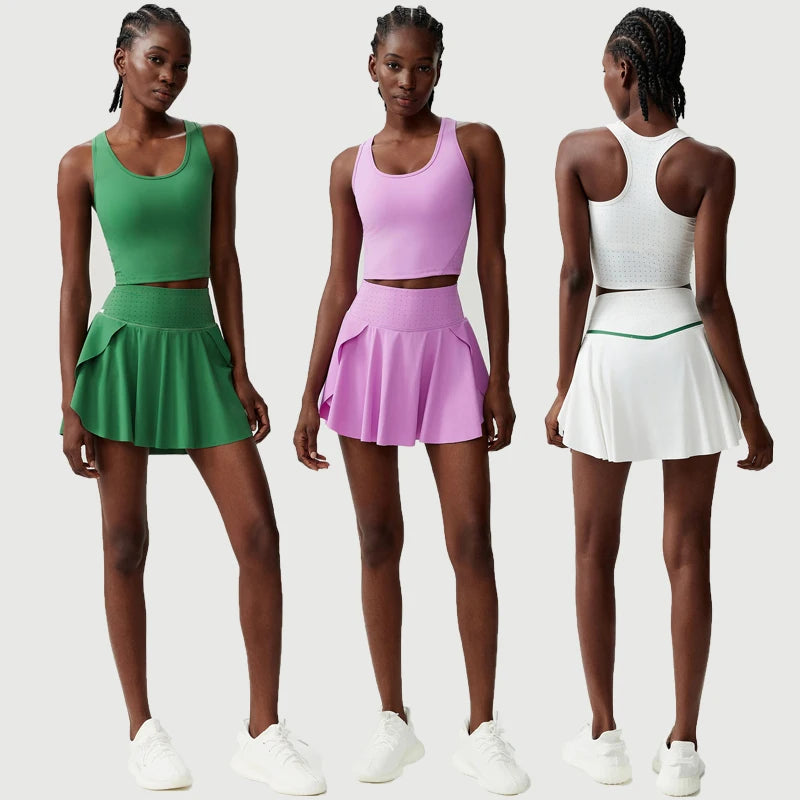 Women Two Pieces Fitness Yoga Set Breathable Outdoor Running Suit Soft Stretchy Tennis Skirt Workout Clothes Short Sportswear