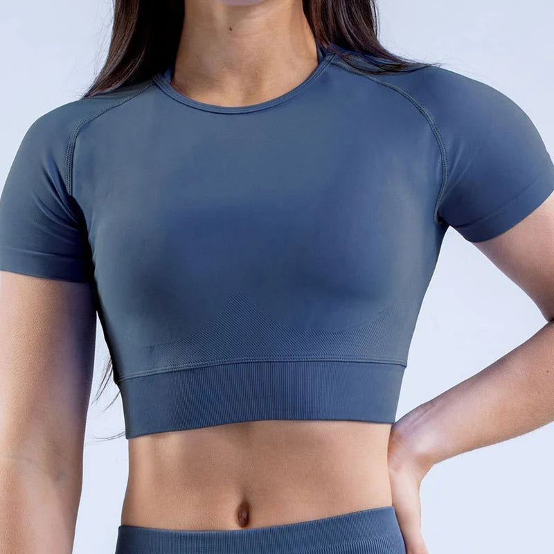 Ribbed Sports T Shirts Fitness Workout Tee Sports Tops Activewear Impact Gym Crop Top for Women Short Sleeve Seamless Yoga Top