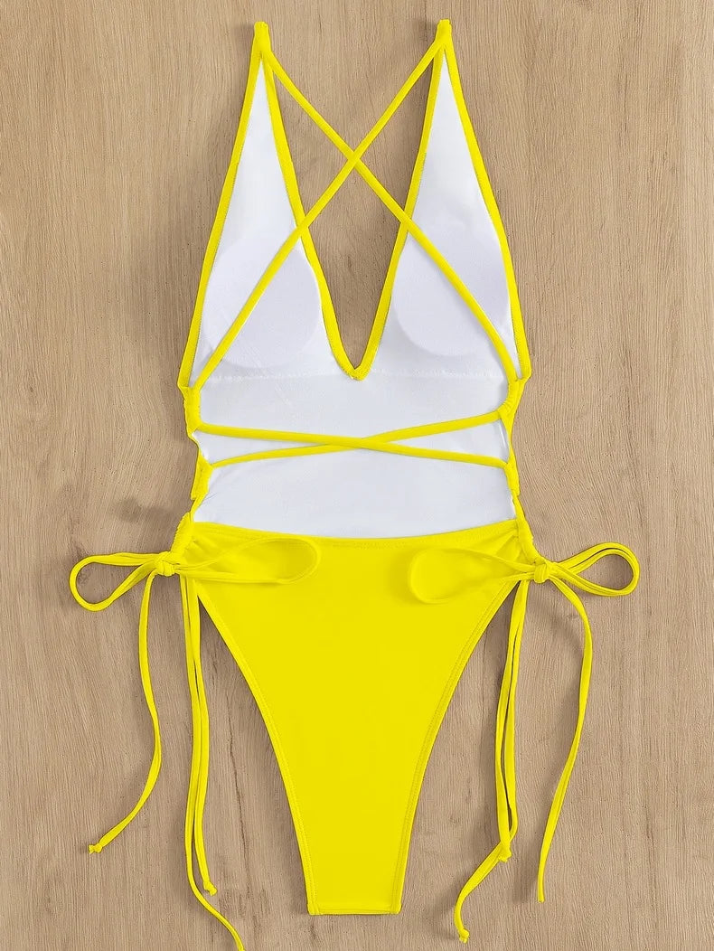 Fashion Solid Deep V Neck One Piece Swimsuit Women Yellow White Hollow Out Pleate Swimwear Beach Bandage Bathing Suit Monokini