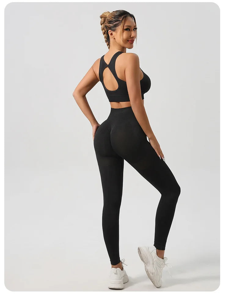 Mileegirl 2pcs Sport Sets Women Gym, Push Up Yoga Pants, Hollow Back Gym Fitness Bra, Workout Leggings, Seamless Tights Sets