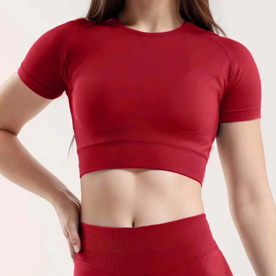 Ribbed Sports T Shirts Fitness Workout Tee Sports Tops Activewear Impact Gym Crop Top for Women Short Sleeve Seamless Yoga Top