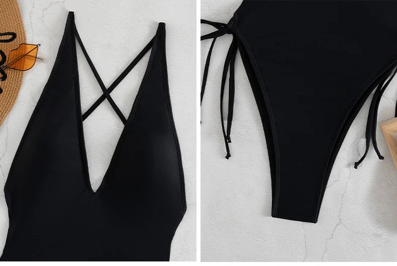 Fashion Solid Deep V Neck One Piece Swimsuit Women Yellow White Hollow Out Pleate Swimwear Beach Bandage Bathing Suit Monokini