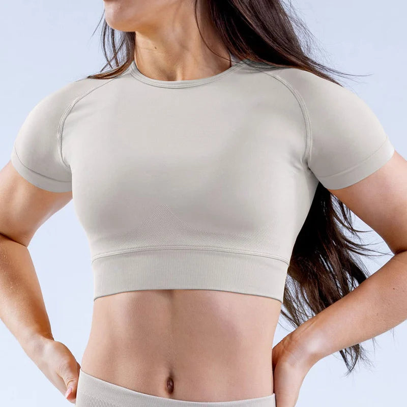 Ribbed Sports T Shirts Fitness Workout Tee Sports Tops Activewear Impact Gym Crop Top for Women Short Sleeve Seamless Yoga Top