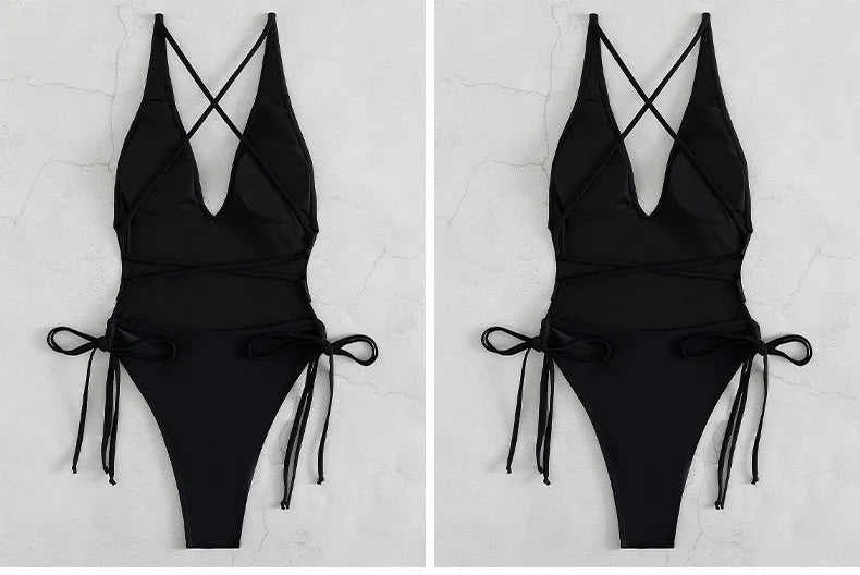 Fashion Solid Deep V Neck One Piece Swimsuit Women Yellow White Hollow Out Pleate Swimwear Beach Bandage Bathing Suit Monokini