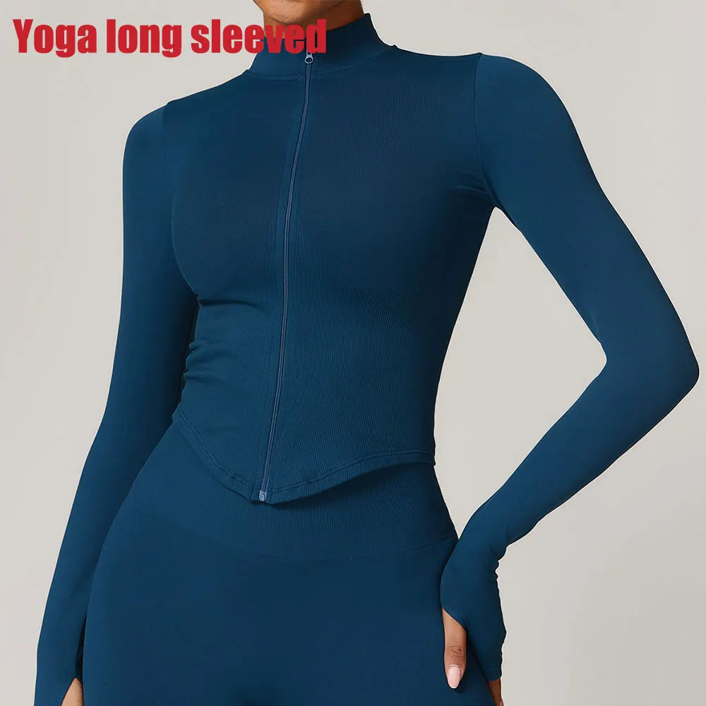 Zipper Women Crop Tops Yoga T-shirts Solid Sports Top Long Sleeve Running Shirts Sexy Quick Dry Fitness Jacket Gym Sport Wear