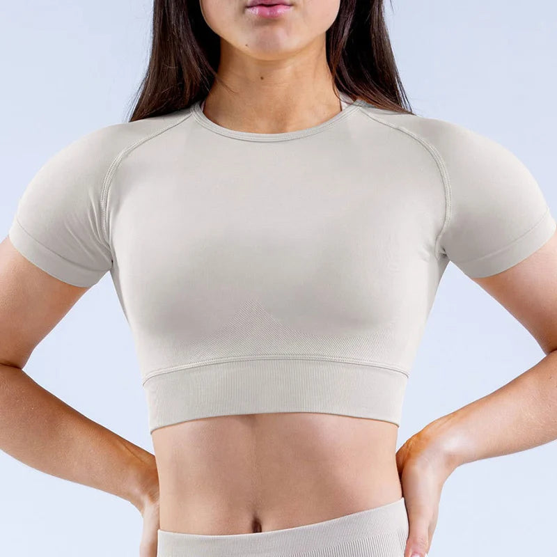 Ribbed Sports T Shirts Fitness Workout Tee Sports Tops Activewear Impact Gym Crop Top for Women Short Sleeve Seamless Yoga Top